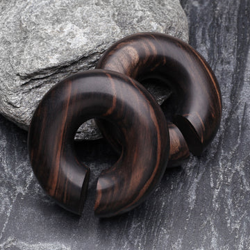 Detail View 1 of A Pair of Tiger Ebony Wood Hoop Hanger Plug-Black